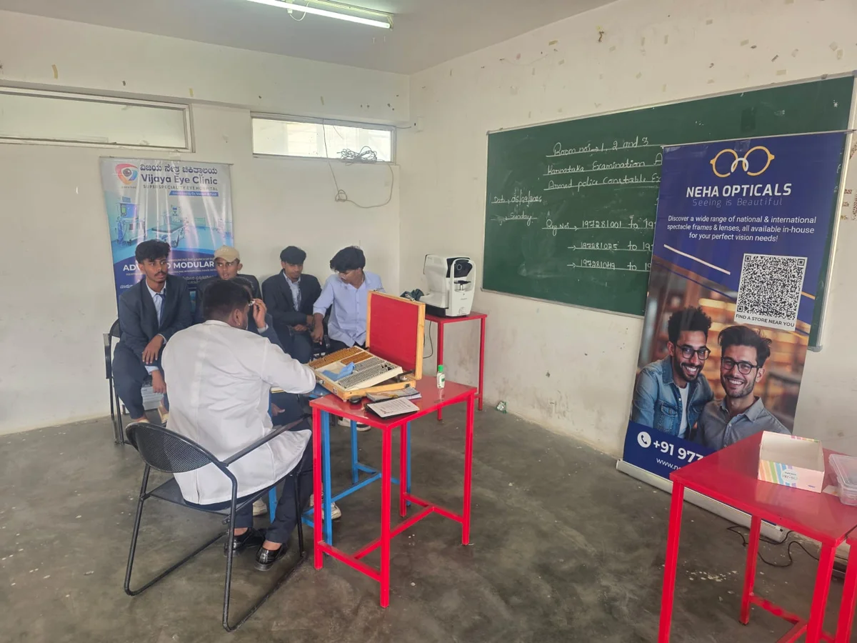 Optometrist conducting visual acuity testing and trial lens evaluation during a community eye-screening camp