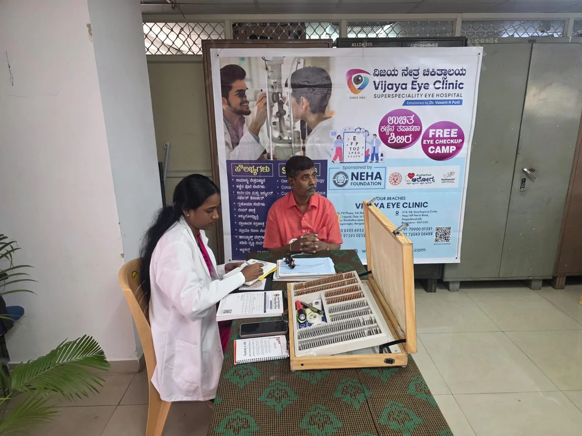 Vision screening consultation conducted at a Neha Foundation sponsored eye-care camp